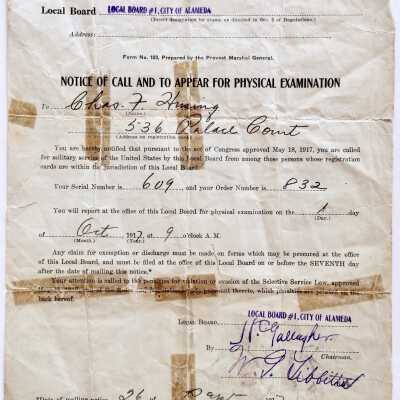 Notice Physical Exam, Charles F. Husing, 1917