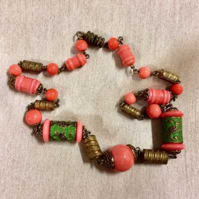 necklace of coral glass and filigree gold-plated beads, c. 1920s-1930s