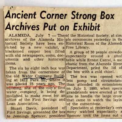 Clipping about contents of Cornerstone Box of Water Company, 1955