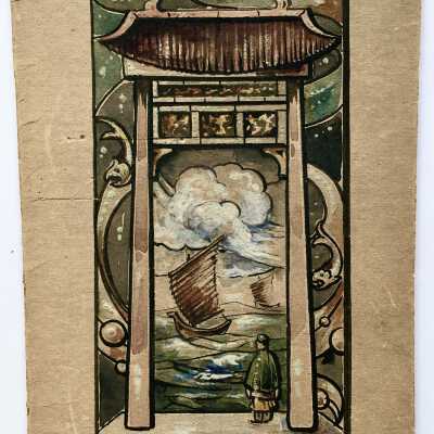 Prototype sketch for a stained glass window with a Chinese temple, c. 1918