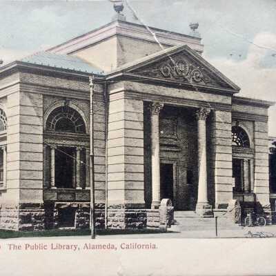 Handcolored Photo postcard main facade Alameda Free Library, c. 1911