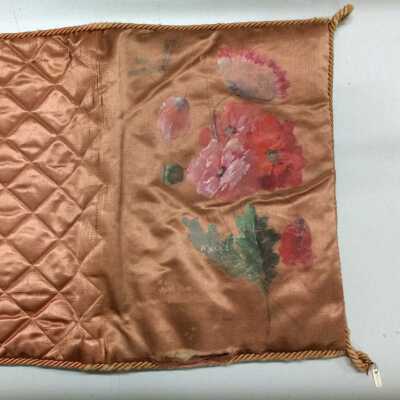 Coverlet of pale rose silk with handpainted poppies, c. 1890, early 1900s