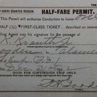 Half fare Southern Pacific permit pass issued to F. K. Krauth, Jr., 1902