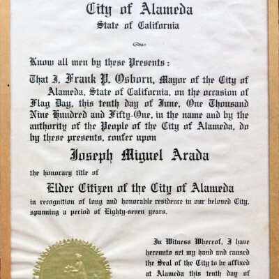 Certificate awarded Joseph Miguel Arada by Mayor Osborn, 1951