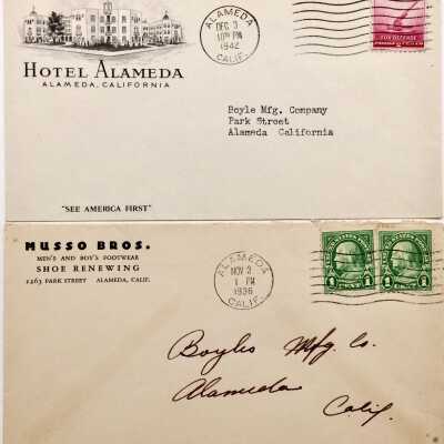 Advertising envelopes reflecting local businesses, 1936, 1942