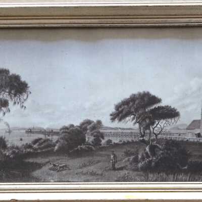 Print from Joseph Lee painting of wharf at foot Pacific Ave, Ca 1869