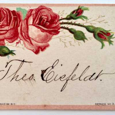 Calling card of Theodore Eisfeldt, depicting red roses, c. 1880s