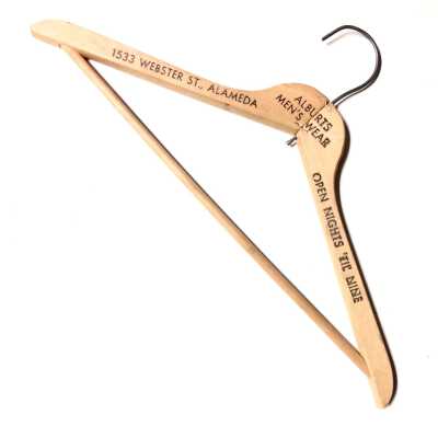Wooden clothes hanger advertising Alburt's Menswear, Webster, prior 1997