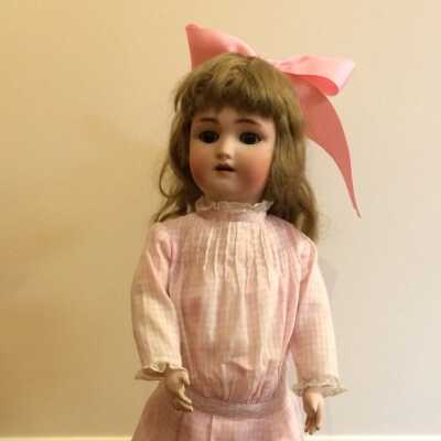 Simon & Halbig doll in checkered pink & white dress and mohair wig, c. 1910