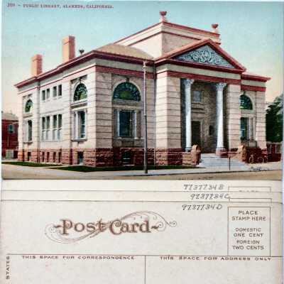 Postcard depicting main facade Alameda Free Library, early 1900s