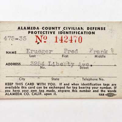 Alameda County Civilian Defense Identification Card of F. F. Krueger, 1941-1945