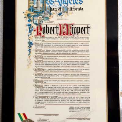 Plasticized Plaque L.A. City Resolution Memory Robt. L. Lippert, 1977