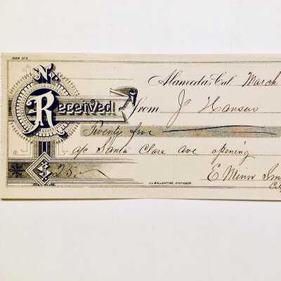 Receipt to J. Hanson for Santa Clara Ave opening, 1895