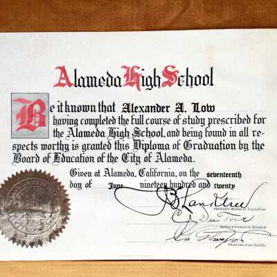 Alexander Low's Alameda High School Diploma, 1920