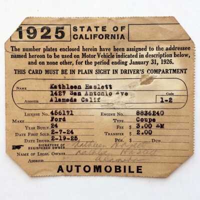 Driver's License of Kathleen Haslett, 1925