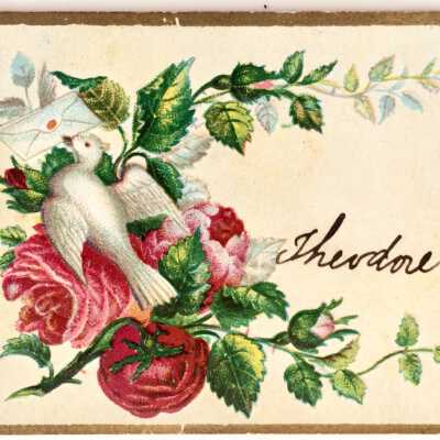 Calling card of Theodore Eisfeldt, depicting dove and roses, c. 1880s