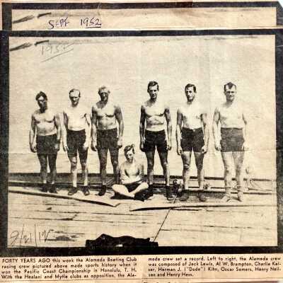 Clipping about 1912 Pacific Coast Boat Race Champions, 1952