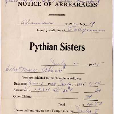 Envelope and Notice of Arrearages owned to the Pythian Sisters, 1935