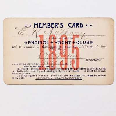 Encinal Yacht Club membership for E. R. Anthony, 1895