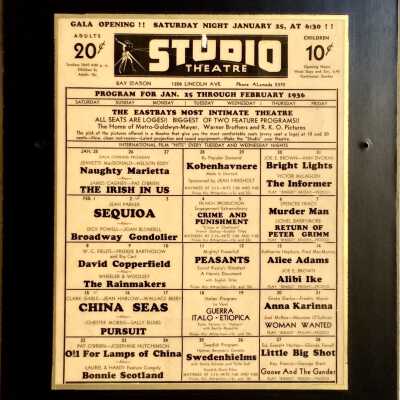 Plasticized plaque program opening night Studio Theatre, January 25, 1936