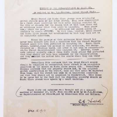 Document regarding road condition Grand Street, December 18, 1917
