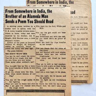 Clipping of poem 'From Somewhere in India' by Corporal W. W. Knight, 1941-1945