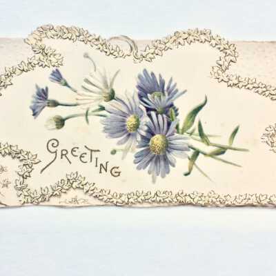 Christmas Lithograph 'Greeting' Card with daisies, early 1900s