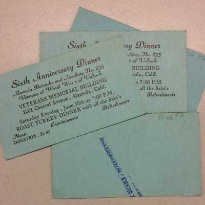Tickets to Sixth Anniversary Dinner Barracks and Auxiliary No. 635, Veterans of WWI, c. 1962