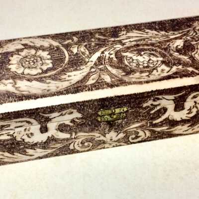 Hand-decorated balsa wood handkerchief box, c. 1906