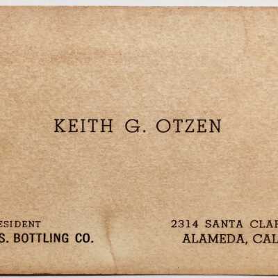 Business card of Keth G. Otzen, President Otzen Brothers Bottling Co., 1930s