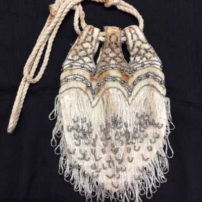 White silk French purse with beads and rhinestones, c. 1920s