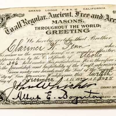 Membership statment for Clarence W. Fenn to Apollo lodge 397, Masons, 1925