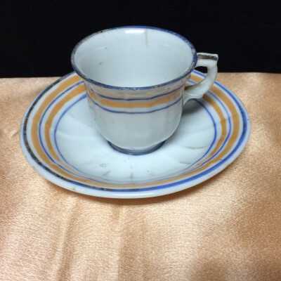 Orange and Blue striped Child-size cup and saucer set, c. 1900