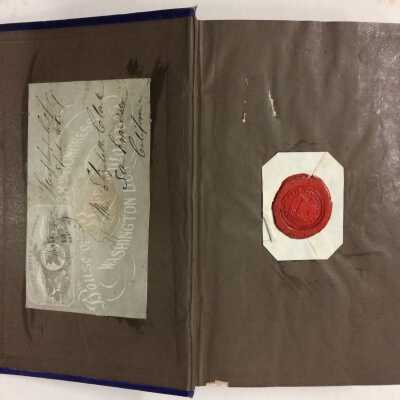 Fly leaf with added objects: On left: part of an envelope from Congress, sent to Mrs. Elizabeth Clark, San Francisco.
On right: part of an envelope with seal of US House of Representatives.