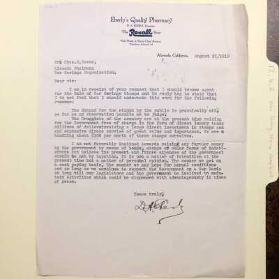 Response from Druggist D. A. Eberly on request to sell War Savings stamps, 1919