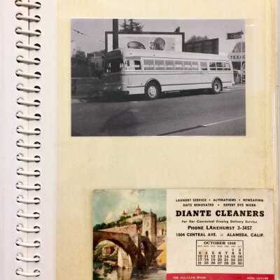 Schoolbus at Texaco tank station and Dianne Cleaners ad.