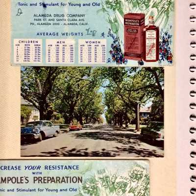 Postcard of a ‘residential street’ and Alameda Drug Company.