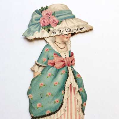 Paper Valentine of girl with caption on hat: To My Valentine, c. 1920s