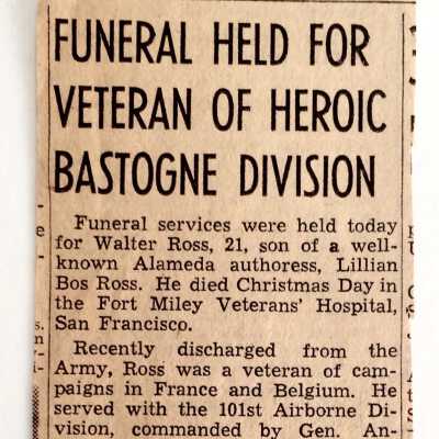 Newspaper Clipping obituary notice for Walter Ross, 1945