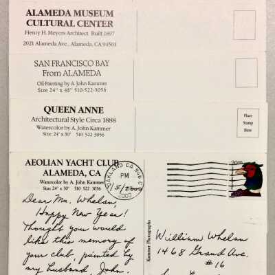 reverse of postcards of John Kammer paintings
