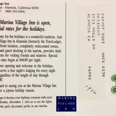 Verso of Marina Village Inn postcard