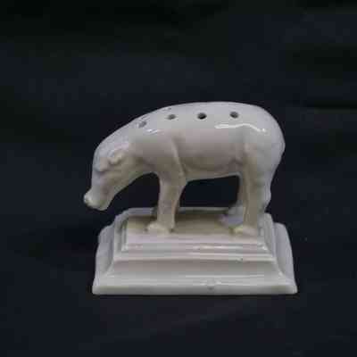 Porcelain Pig Standing on Rectangular Base Toothpick Holder