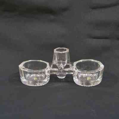 Toothpick holder, clear glass, central holder with two side buckets