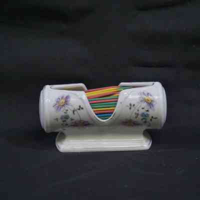 Porcelain Sanitary Toothpick Holder with Purple Flowers.
