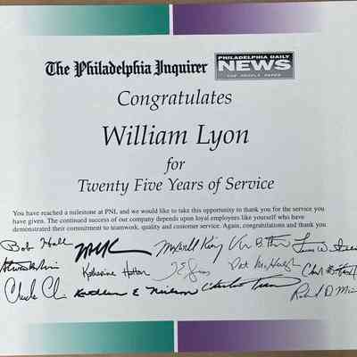 Bill Lyon - 25 Years at The Philadelphia Inquirer Certificate
