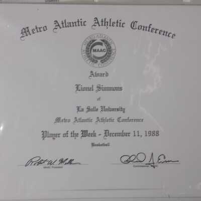 Lionel Simmons 1988 MAAC Player of Week certificate