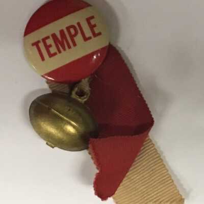 1940s era Temple football pin with ribbon