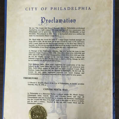 1998 city of Philadelphia proclamation Connie Mack day