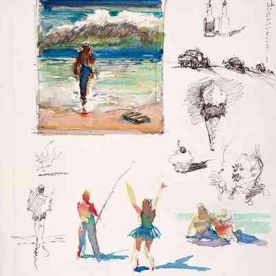 Untitled (Page of Sketches with Figures, Food, and Seascape)
