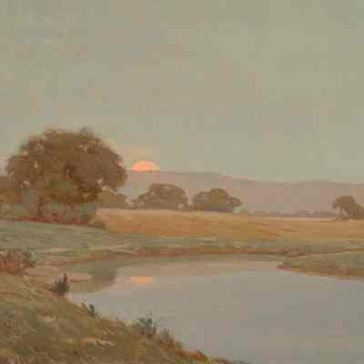 Landscape with Setting Sun Reflected in Pond